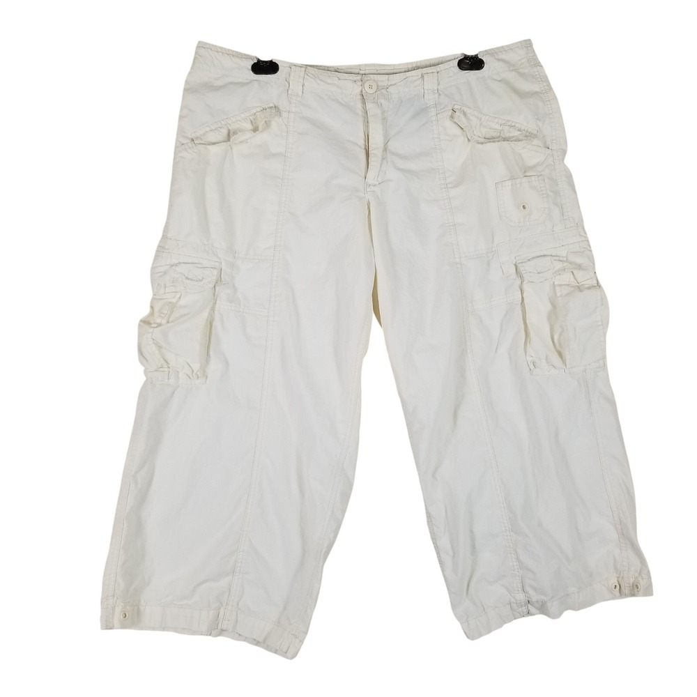 Norma Kamali Cargo Capri Pants Women Size 18 Straw Cream Cotton Utility Pocket